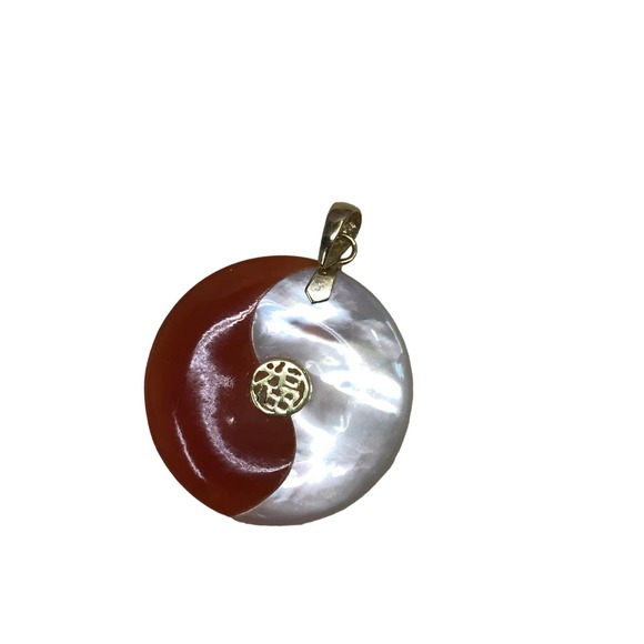 14k Gold Red Jade and Mother of Pearl Chinese Jade Lucky Pendant